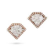 A PAIR OF DIAMOND EARRINGS in 18ct rose gold, each designed as a diamond set with a cluster of pr...