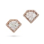 A PAIR OF DIAMOND EARRINGS in 18ct rose gold, each designed as a diamond set with a cluster of pr...