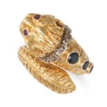 LALAOUNIS, A GEMSET LION RING in 18ct yellow gold, designed as a coiled lion, the eyes set with r...