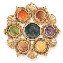 A FINE ANTIQUE INTAGLIO BROOCH / PENDANT, 19TH CENTURY in yellow gold, set with seven carnelian, ...