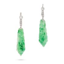 A PAIR OF JADEITE JADE AND DIAMOND DROP EARRINGS in white gold, each set with a row of old and ro...