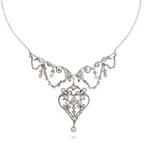 AN ANTIQUE DIAMOND AND PEARL NECKLACE the chain suspending a scrolling pendant set with old cut d...