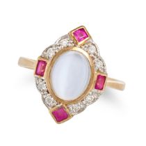 A MOONSTONE, RUBY AND DIAMOND RING in yellow gold, the navette shaped face set with a cabochon mo...