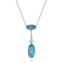 AN OPAL DOUBLET PENDANT NECKLACE in 9ct white gold, the pendant set with two oval opal doublets, ...