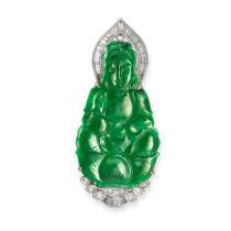 A JADEITE JADE AND DIAMOND BUDDHA PENDANT in 18ct white gold, set with a piece of jadeite jade ca...