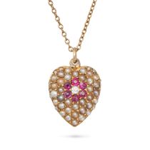 AN ANTIQUE PEARL, RUBY AND DIAMOND HEART PENDANT NECKLACE in yellow gold, the pendant set with an...