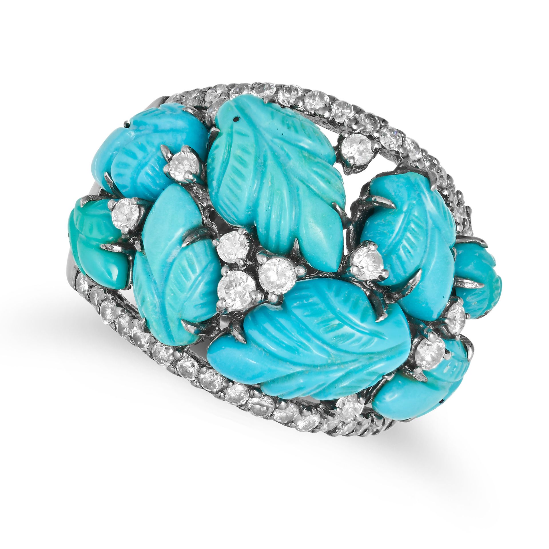 A TURQUOISE AND DIAMOND DRESS RING in white gold, the tapering band set with carved turquoise lea...