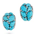 A PAIR OF TURQUOISE AND DIAMOND EARRINGS in 18ct white gold, set with carved turquoise leaves, ac...