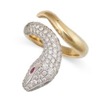 A RUBY AND DIAMOND SNAKE RING in 18ct white and yellow gold, designed as a coiled snake, pave set...