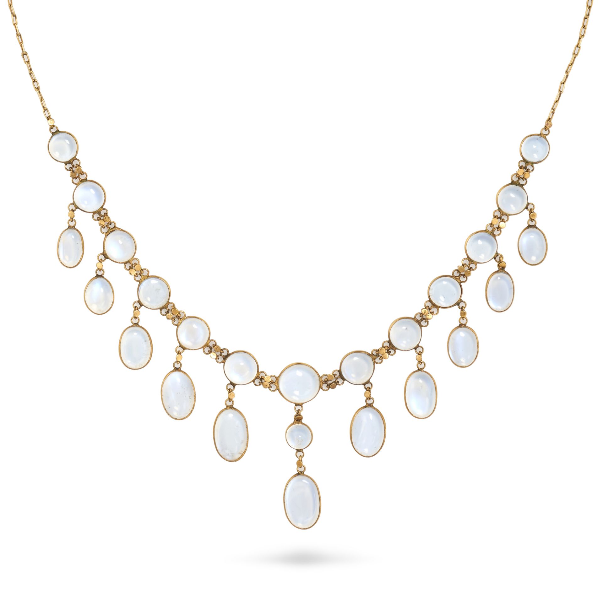 AN ANTIQUE MOONSTONE FRINGE NECKLACE in yellow gold, set with a row of round cabochon moonstones ...