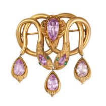 AN ANTIQUE VICTORIAN PINK TOPAZ SNAKE BROOCH in yellow gold, designed as two coiled snakes set wi...