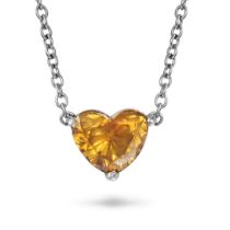 A FANCY INTENSE ORANGY YELLOW DIAMOND HEART PENDANT NECKLACE in platinum, set with a heart brilli...