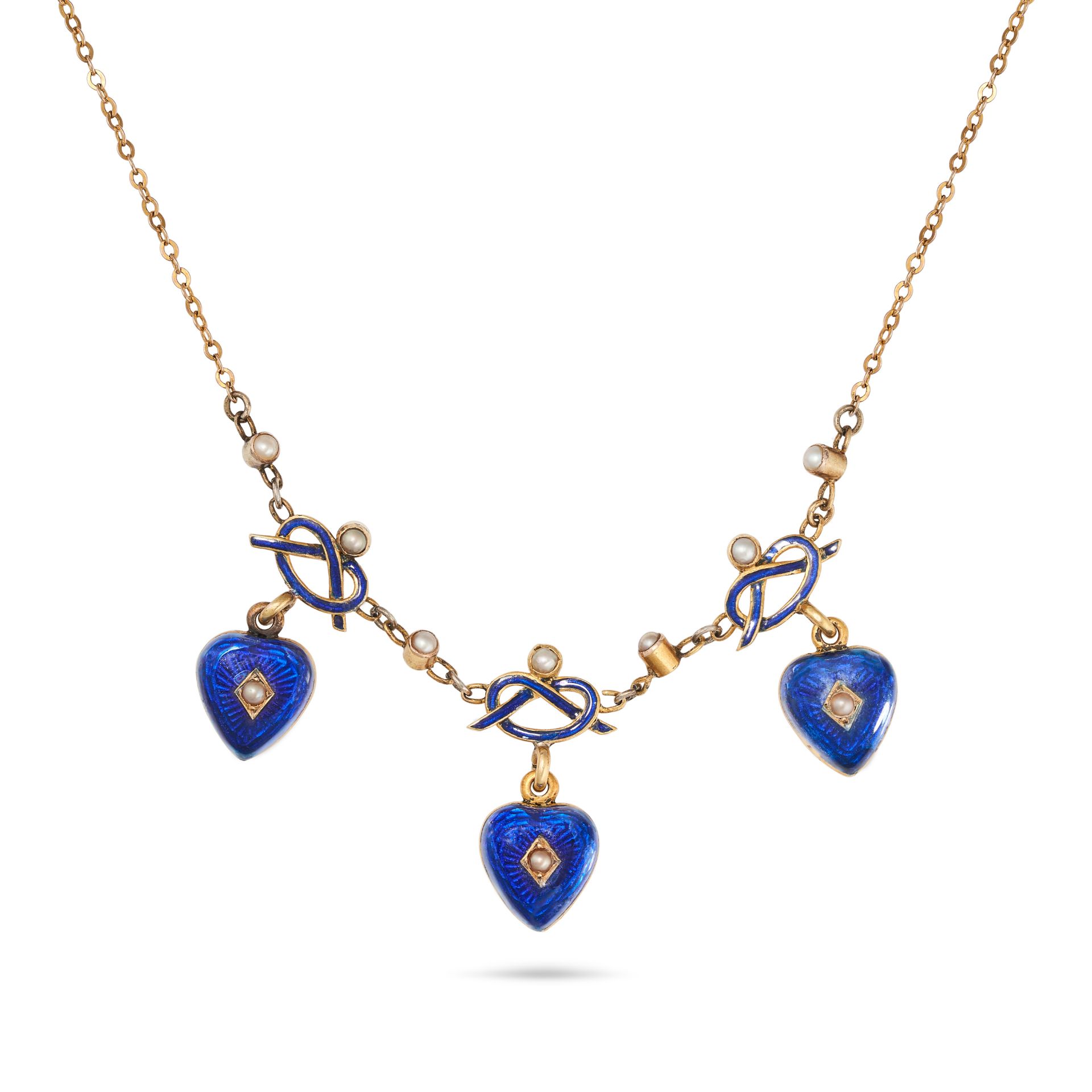 AN ANTIQUE PEARL AND ENAMEL LOVERS' KNOT NECKLACE comprising a trace chain set with three lovers'...