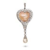 A NATURAL PEARL AND DIAMOND HEART PENDANT set with a heart shaped natural pearl of 12.1mm in a bo...
