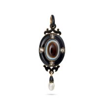 AN ANTIQUE BANDED AGATE, DIAMOND, PEARL AND ENAMEL PENDANT in yellow gold, set with an oval caboc...