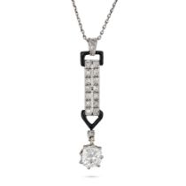 AN ART DECO DIAMOND AND ENAMEL PENDANT NECKLACE in platinum and white gold, the pendant comprisin...