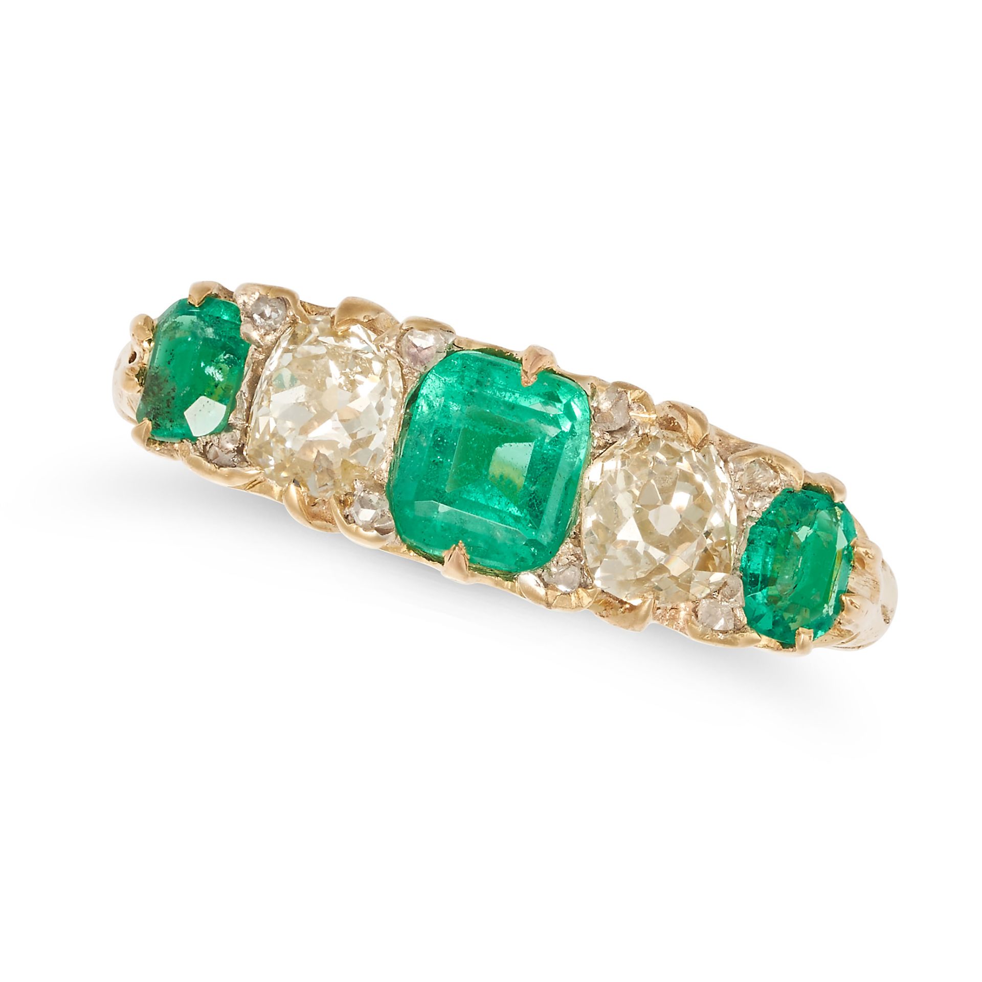 AN ANTQUE EMERALD AND DIAMOND FIVE STONE RING in 18ct yellow gold, set with three octagonal step ...