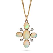 AN ANTIQUE OPAL AND DIAMOND PENDANT NECKLACE in yellow gold, the pendant designed as a cross set ...
