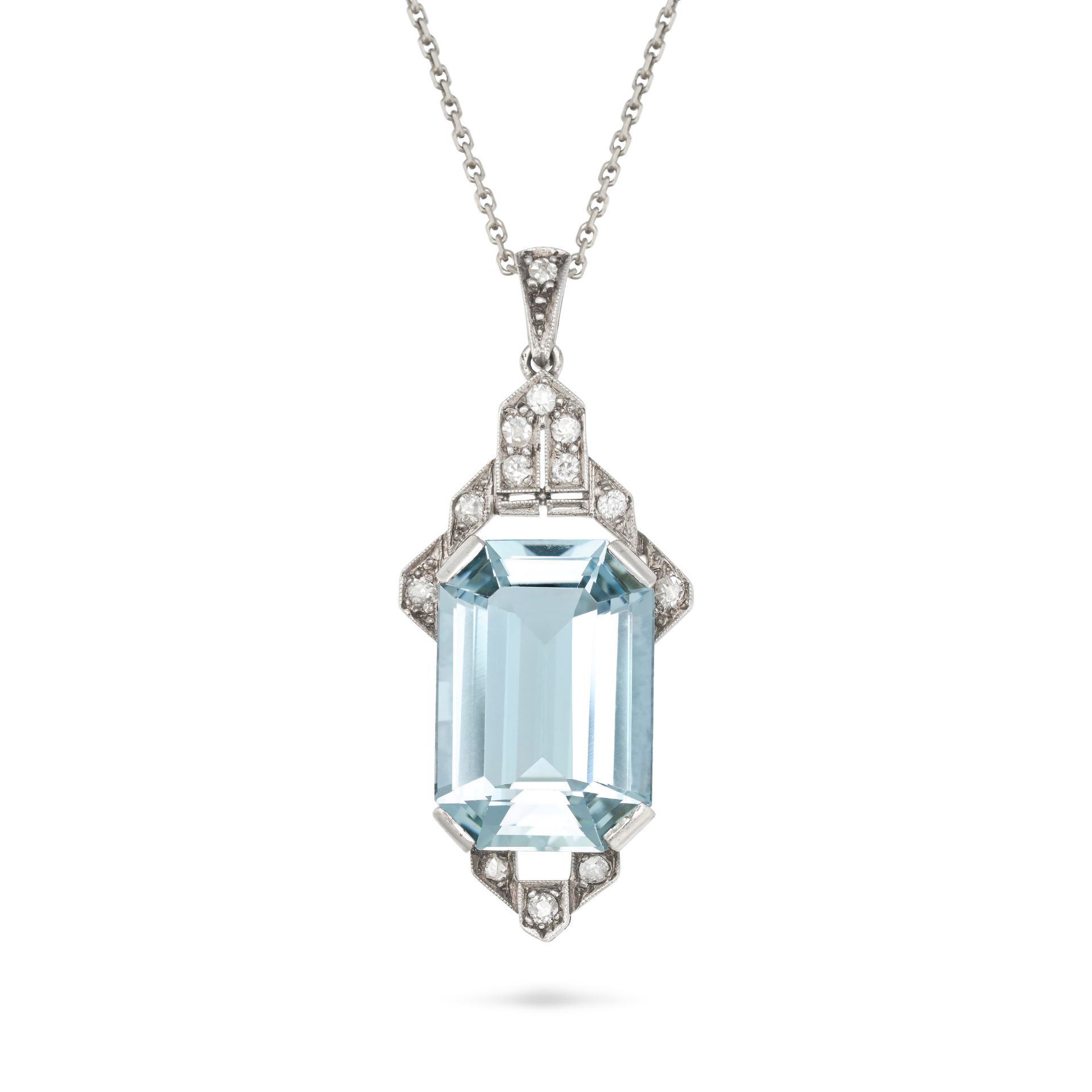 AN AQUAMARINE AND DIAMOND PENDANT NECKLACE in platinum, the geometric pendant set with an octagon...