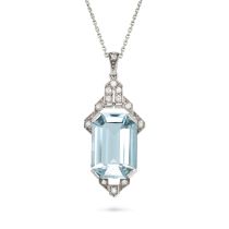 AN AQUAMARINE AND DIAMOND PENDANT NECKLACE in platinum, the geometric pendant set with an octagon...