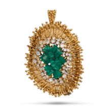 A SYNTHETIC EMERALD AND DIAMOND PENDANT / BROOCH in 18ct yellow gold, set with a cluster of hydro...