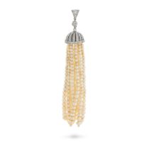 A NATURAL SALTWATER PEARL AND DIAMOND TASSEL PENDANT in white gold, comprising ten rows of natura...