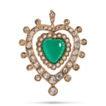 A CHRYSOPRASE, DIAMOND AND PEARL HEART PENDANT in yellow gold, comprising a heart shaped cabochon...