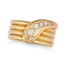AN ANTIQUE EDWARDIAN DIAMOND SNAKE RING, 1907 in 18ct yellow gold, designed as a coiled snake, se...