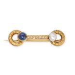 AN ANTIQUE SAPPHIRE, PEARL AND DIAMOND BAR BROOCH in yellow gold, designed as a row of old cut di...