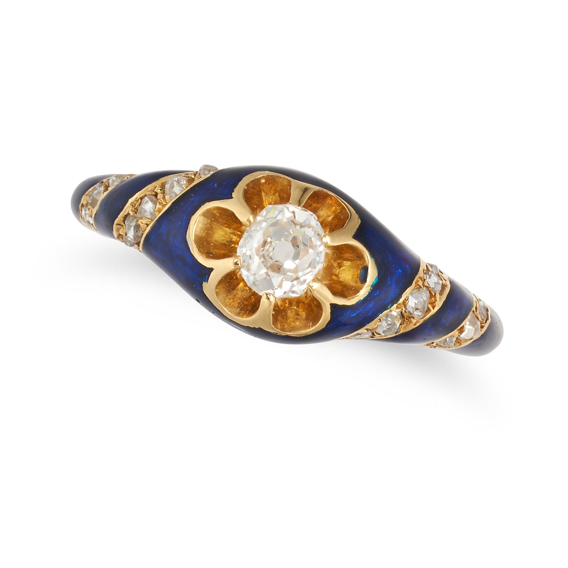 AN ANTIQUE DIAMOND AND ENAMEL RING in 18ct yellow gold, set with an old cut diamond, the band rel...