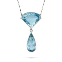AN AQUAMARINE AND DIAMOND PENDANT NECKLACE in platinum and white gold, the pendant comprising a f...