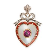 AN ANTIQUE RUBY, MOTHER OF PEARL, ENAMEL AND DIAMOND HEART BROOCH / PENDANT in yellow gold, set w...