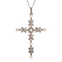 A NATURAL SALTWATER PEARL AND DIAMOND CROSS PENDANT NECKLACE in yellow and white gold, designed a...