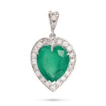 AN EMERALD AND DIAMOND HEART PENDANT in white gold, set with a heart cut emerald of approximately...