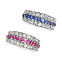 A RUBY, SAPPHIRE AND DIAMOND REVERSIBLE RING in white gold, the band half set with step cut rubie...