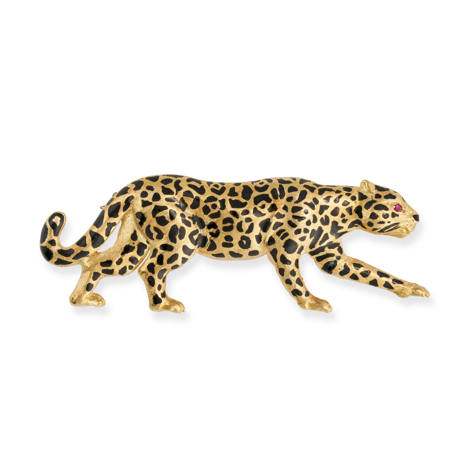 A VINTAGE RUBY AND ENAMEL LEOPARD BROOCH in 18ct yellow gold, designed as a prowling leopard reli...