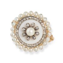 AN ANTIQUE PEARL, DIAMOND AND SHELL RING in yellow gold and silver, comprising a slice of white s...