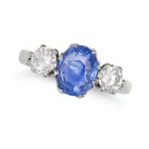 A CEYLON NO HEAT SAPPHIRE AND DIAMOND RING in platinum, set with an oval cut sapphire of 3.06 car...