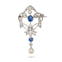 AN ANTIQUE SAPPHIRE, DIAMOND AND PEARL BROOCH the openwork scrolling brooch set with an oval cut ...