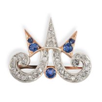 A DIAMOND AND SAPPHIRE BROOCH in silver and rose gold, designed as the initial A set with old cut...