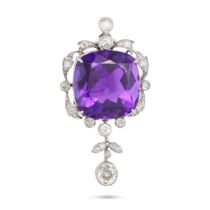 AN AMETHYST AND DIAMOND BROOCH in white gold, set with a cushion cut amethyst of approximately 25...