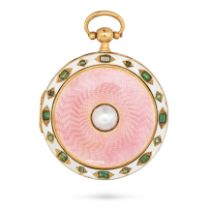 AN ANTIQUE PEARL, EMERALD AND ENAMEL LOCKET PENDANT in yellow gold, the circular pendant set with...