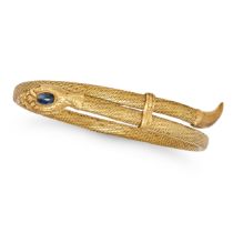 AN ANTIQUE SAPPHIRE AND DIAMOND SNAKE BRACELET in yellow gold, designed as a coiled snake, the he...