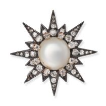 AN ANTIQUE NATURAL PEARL AND DIAMOND STAR BROOCH in yellow gold and silver, designed as an eight ...