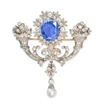 AN IMPORTANT BELLE EPOQUE CEYLON NO HEAT SAPPHIRE, DIAMOND AND PEARL BROOCH in platinum and yello...