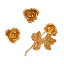 BUCCELLATI, A GOLD ROSE BROOCH AND EARRINGS SET in 18ct yellow gold, the brooch designed as a sin...