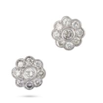 A PAIR OF DIAMOND CLUSTER EARRINGS in platinum, each set with a cluster of round brilliant cut di...