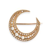 AN ANTIQUE PEARL AND DIAMOND CRESCENT MOON BROOCH designed as a crescent moon set with a row of a...