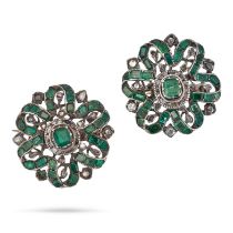 A PAIR OF ANTIQUE EMERALD AND DIAMOND BROOCHES, 18TH CENTURY in yellow gold and silver, each desi...