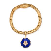 AN ANTIQUE ENAMEL, PEARL, PINK SAPPHIRE AND TURQUOISE BRACELET in yellow gold, comprising a fancy...
